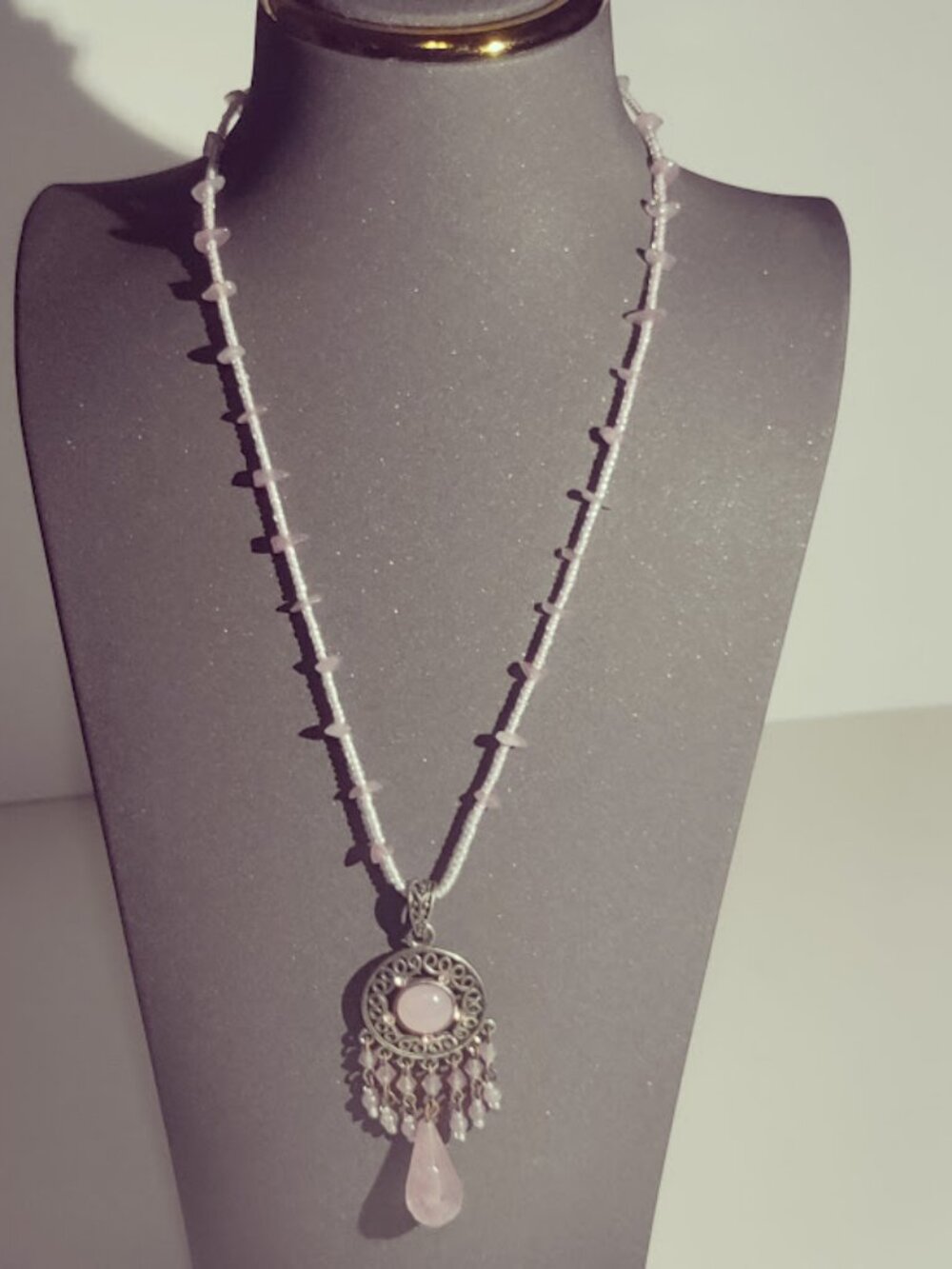 Pink Boho Filigree Beaded Fringe Pendant Necklace